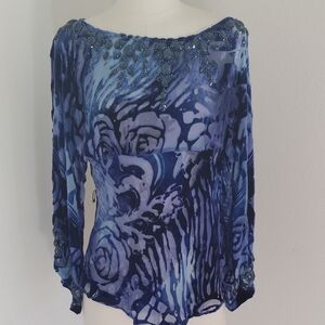 NWT Cache Womens Velvet Burnout Jewel Beaded Royal Blue Top Sz M Whimsy Fairy